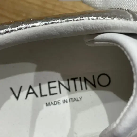 Valentino Garavani Leather Trainers White With Silver Snake Skin Women's 8.5 GUC